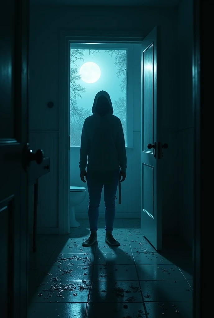 Suddenly, the lights flicker and go out, followed by the sound of breaking glass echoing through the bathroom.