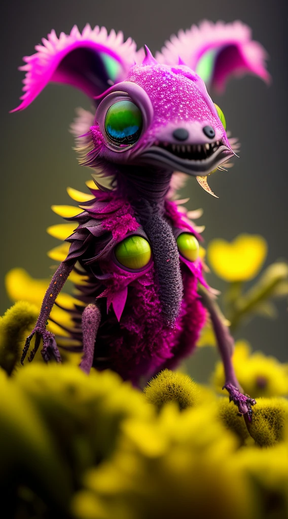 Cute creature from Space. terraforming. Alien Flora, Miki Asai Macro photography, close-up, hyper detailed, trending on artstation, sharp focus, studio photo, intricate details, incorporate bright hot pink and bright neon yellow, highly detailed, by greg rutkowski, detailed face, detailed skin, extra eyes, extra limbs, bloody eyes, bloody mouth, Masterpiece 