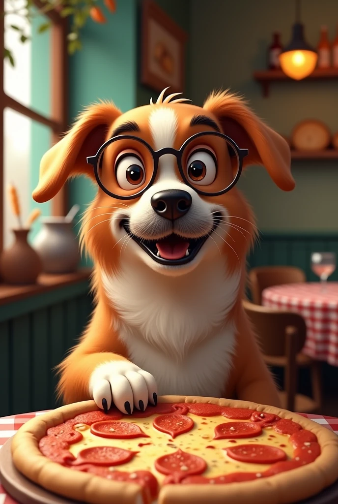 Dog with round glasses and french moustache taking a pizza from an Italian restaurant 
