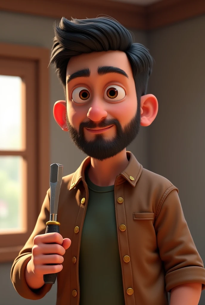 A dark-haired guy with short straight hair and a short beard drawn with a screwdriver in his hand Disney Pixar style 3D 4K