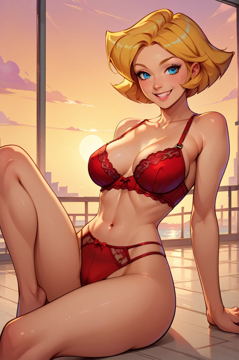 clover \(totally spies\), blonde hair, short hair, blue eyes, large breasts, solo, , sunset,yellow sky,
Leaning back, elbows on the floor,, sexy smile, sexy pose, sitting, spreading legs
 Red lingerie