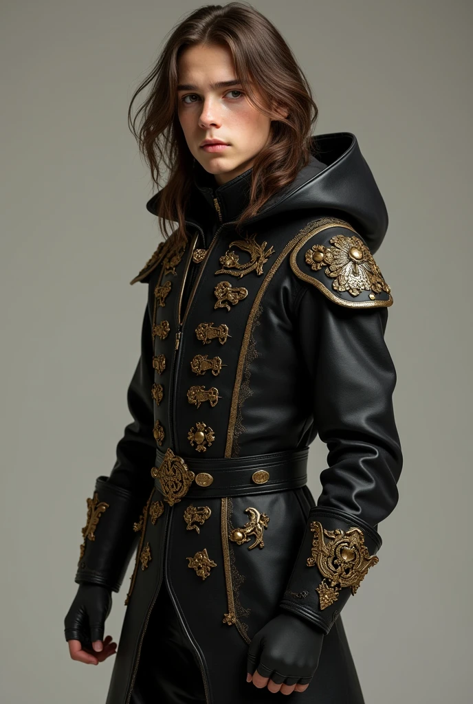 photo by full body, best qualityer, male ager with long brown hair, details Intricate, 真实感, black and gold musketeer clothes, in a hoodie, whole body, full body, men's boots in black