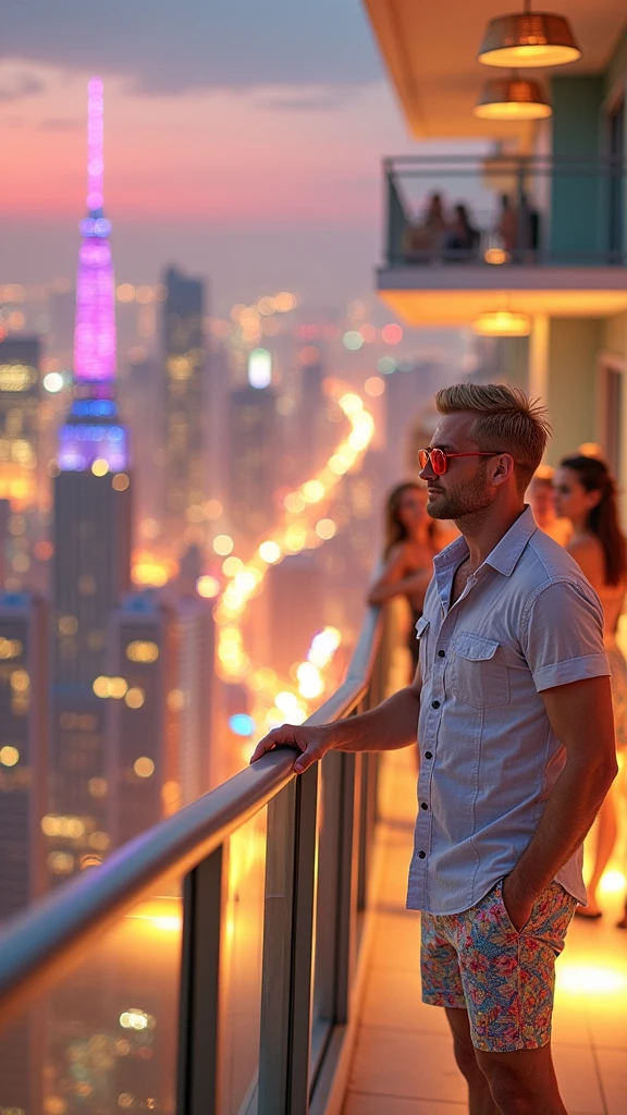 **"The blonde man with an all-American look stands confidently on a luxurious balcony of a high-end penthouse suite, looking out over the city. He has short, sleek blonde hair and an unmistakable American facial appearance, embodying the charisma of a Hollywood star. He is dressed in vibrant, floral-patterned shorts, a light, airy button-up shirt, and sleek loafers. Red sunglasses are casually perched on his head. His well-defined face is prominently displayed, illuminated by the soft glow of evening lights. The scene features a side view angle, capturing him from the profile as he gazes out at the cityscape. In the background, women in chic summer dresses are enjoying themselves, socializing, and sipping on exotic cocktails, adding to the lively, festive atmosphere. The penthouse balcony overlooks a dazzling cityscape with neon lights and the city skyline reflecting off the glass windows. The scene is captured with an ultra-high-resolution Canon EOS-1D X Mark III camera paired with a Canon EF 24mm f/1.4L II USM lens, providing exceptional sharpness and clarity. Additional side-angle shots showcase the depth and texture of the scene, highlighting every detail from the man's attire to the vibrant city lights with striking realism and vibrant color."**
