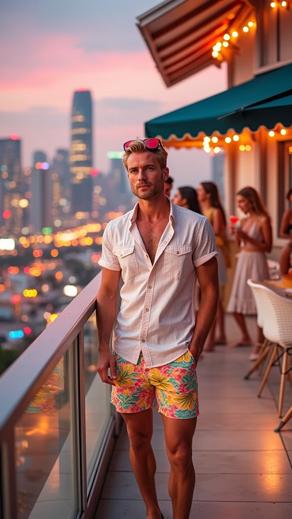 **"The blonde man with an all-American look stands confidently on a luxurious balcony of a high-end penthouse suite, looking out over the city. He has short, sleek blonde hair and an unmistakable American facial appearance, embodying the charisma of a Hollywood star. He is dressed in vibrant, floral-patterned shorts, a light, airy button-up shirt, and sleek loafers. Red sunglasses are casually perched on his head. His well-defined face is prominently displayed, illuminated by the soft glow of evening lights. The scene features a side view angle, capturing him from the profile as he gazes out at the cityscape. In the background, women in chic summer dresses are enjoying themselves, socializing, and sipping on exotic cocktails, adding to the lively, festive atmosphere. The penthouse balcony overlooks a dazzling cityscape with neon lights and the city skyline reflecting off the glass windows. The scene is captured with an ultra-high-resolution Canon EOS-1D X Mark III camera paired with a Canon EF 24mm f/1.4L II USM lens, providing exceptional sharpness and clarity. Additional side-angle shots showcase the depth and texture of the scene, highlighting every detail from the man's attire to the vibrant city lights with striking realism and vibrant color."**