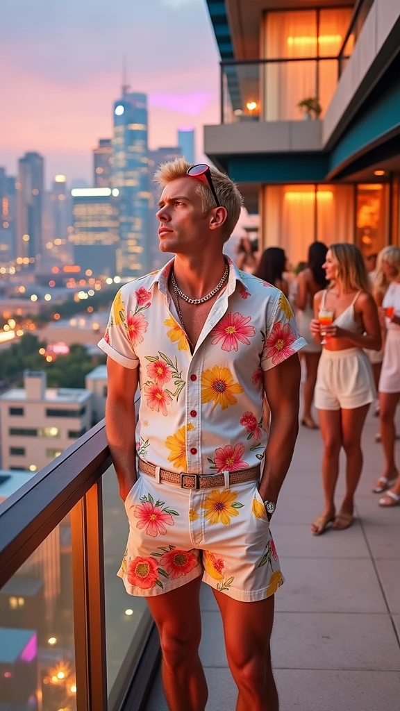 **"The blonde man with an all-American look stands confidently on a luxurious balcony of a high-end penthouse suite, looking out over the city. He has short, sleek blonde hair and an unmistakable American facial appearance, embodying the charisma of a Hollywood star. He is dressed in vibrant, floral-patterned shorts, a light, airy button-up shirt, and sleek loafers. Red sunglasses are casually perched on his head. His well-defined face is prominently displayed, illuminated by the soft glow of evening lights. The scene features a side view angle, capturing him from the profile as he gazes out at the cityscape. In the background, women in chic summer dresses are enjoying themselves, socializing, and sipping on exotic cocktails, adding to the lively, festive atmosphere. The penthouse balcony overlooks a dazzling cityscape with neon lights and the city skyline reflecting off the glass windows. The scene is captured with an ultra-high-resolution Canon EOS-1D X Mark III camera paired with a Canon EF 24mm f/1.4L II USM lens, providing exceptional sharpness and clarity. Additional side-angle shots showcase the depth and texture of the scene, highlighting every detail from the man's attire to the vibrant city lights with striking realism and vibrant color."**