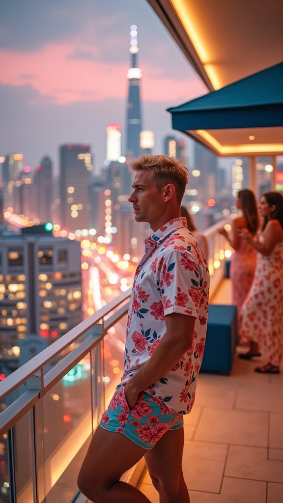 **"The blonde man with an all-American look stands confidently on a luxurious balcony of a high-end penthouse suite, looking out over the city. He has short, sleek blonde hair and an unmistakable American facial appearance, embodying the charisma of a Hollywood star. He is dressed in vibrant, floral-patterned shorts, a light, airy button-up shirt, and sleek loafers. Red sunglasses are casually perched on his head. His well-defined face is prominently displayed, illuminated by the soft glow of evening lights. The scene features a side view angle, capturing him from the profile as he gazes out at the cityscape. In the background, women in chic summer dresses are enjoying themselves, socializing, and sipping on exotic cocktails, adding to the lively, festive atmosphere. The penthouse balcony overlooks a dazzling cityscape with neon lights and the city skyline reflecting off the glass windows. The scene is captured with an ultra-high-resolution Canon EOS-1D X Mark III camera paired with a Canon EF 24mm f/1.4L II USM lens, providing exceptional sharpness and clarity. Additional side-angle shots showcase the depth and texture of the scene, highlighting every detail from the man's attire to the vibrant city lights with striking realism and vibrant color."**