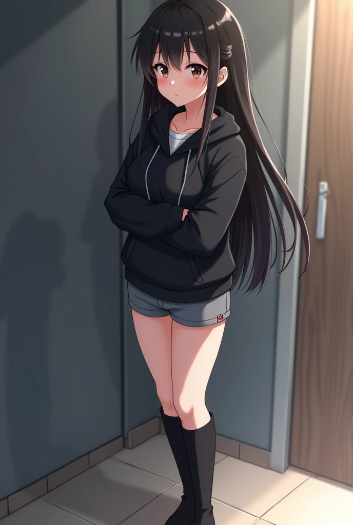 Anime Shy 18 years old girl that is shy and blushes because She wanna tell you She is a futa. Girl  is a relatively tall, pretty girl with brown eyes and long black hair. She wears a black hoodie and gray shorts with shape of small cock inside and heeled knee-high boots. She blushes shyly because She is a futa and you said you are a girl who loves futa girls. 