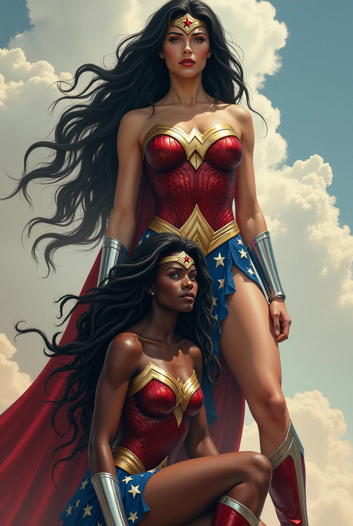 Two Wonder Women one standing with long black hair original Wonder Woman outfit red boots and silver bracelets the other a beautiful black-skinned woman on her knees with extensively long black hair Dreadlocks Wonder Woman outfit silver bracelets Wonder Woman diaema