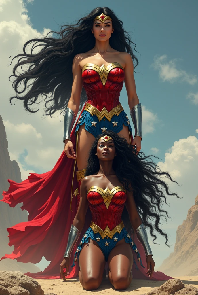 Two Wonder Women one standing with long black hair original Wonder Woman outfit red boots and silver bracelets the other a beautiful black-skinned woman on her knees with extensively long black hair Dreadlocks Wonder Woman outfit silver bracelets Wonder Woman diaema