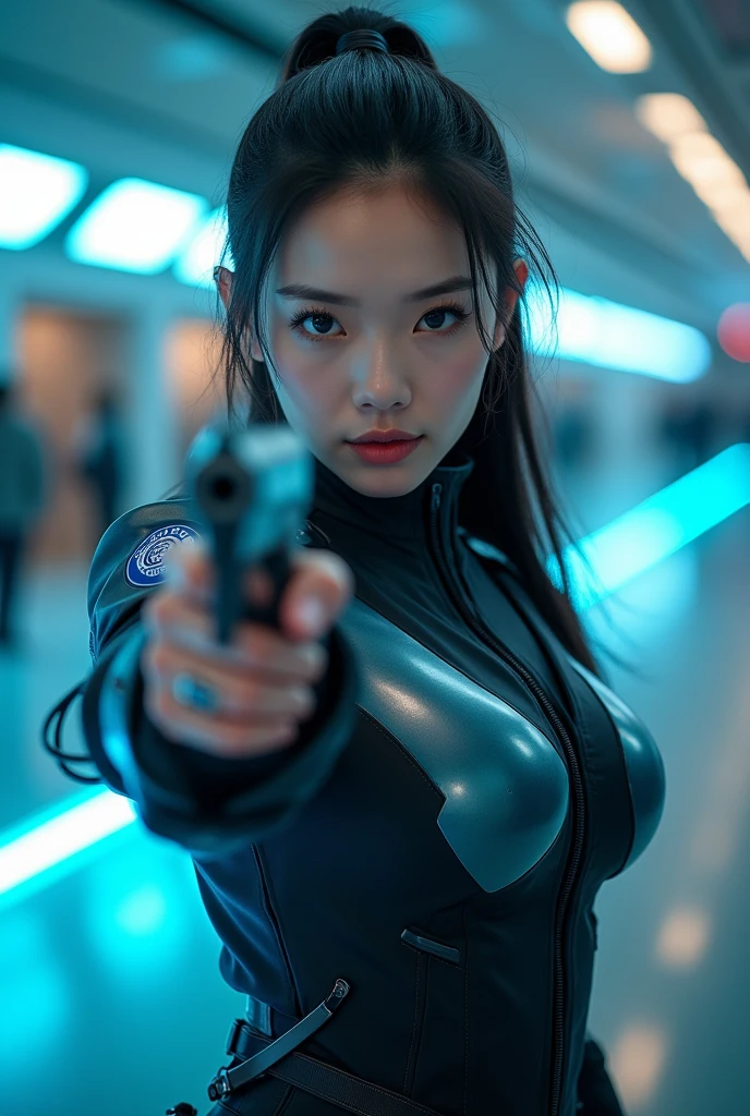 a cinematic photo of a young woman (Beautiful face, Asian mix supermodel, Dilraba Dilmurat) with fair skin, ponytail black hair, wearing a futuristic Police uniform with neon accents and a (police logo) on the right sleeve that glows with a soft blue light. The uniform has a metallic, robotic exoskeleton design, with mechanical limbs and wires visible underneath. She has on high-tech, Her expression is focused and intense as she points a sleek, Both hands high-tech sports pistol directly at the camera. The background is blurred, suggesting a futuristic, high-tech street arena with a glowing blue track and indistinct figures in the distance. photography