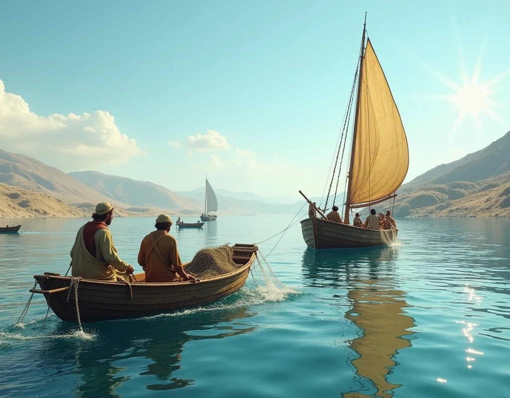 about BC 0, AD 0  years, Fishermen fishing on see of Galilee, two-man fishing boats are fishing with cast nets, A boat with four Jews,  1 mast , 1 sail ,noon, (Shorthand, Canon, 8k, Anatomically correct, Super Detail, Attention to detail, Your Highness)
