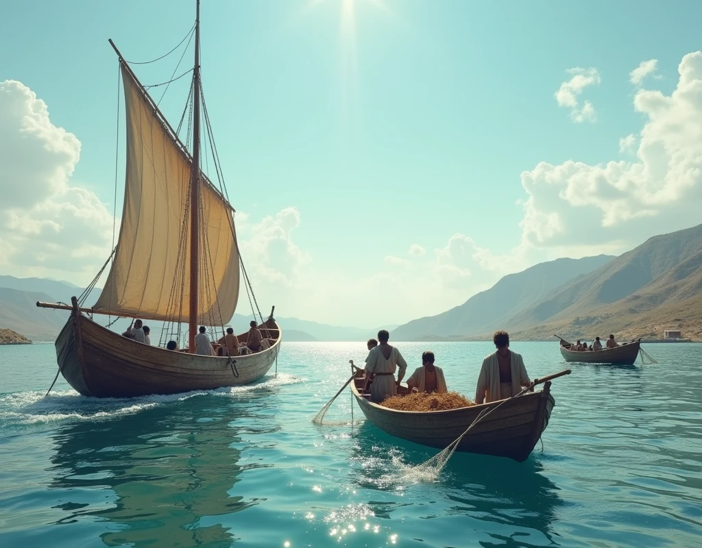 about BC 0, AD 0  years, Fishermen fishing on see of Galilee, two-man fishing boats are fishing with cast nets, A boat with four Jews,  1 mast , 1 sail ,noon, (Shorthand, Canon, 8k, Anatomically correct, Super Detail, Attention to detail, Your Highness)
