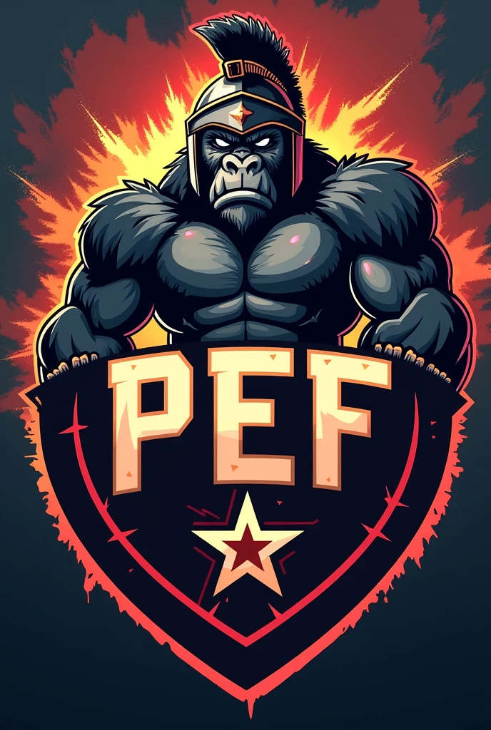 Generate a Physical Education team shield with a Spartan warrior gorilla and that says PEF
