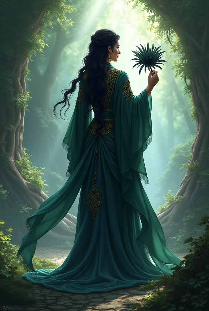 The godmother Fulozinha from Brazilian folklore, RPG version, is seen from the back, holding a black flower in her left hand.