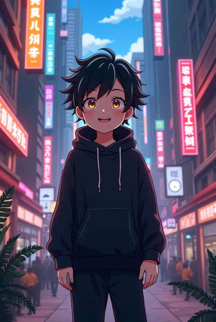 Anime boy with slightly curly black hair, eyes the color of honey, Black sweatshirt and pants smiling with cyberpunk landscape
