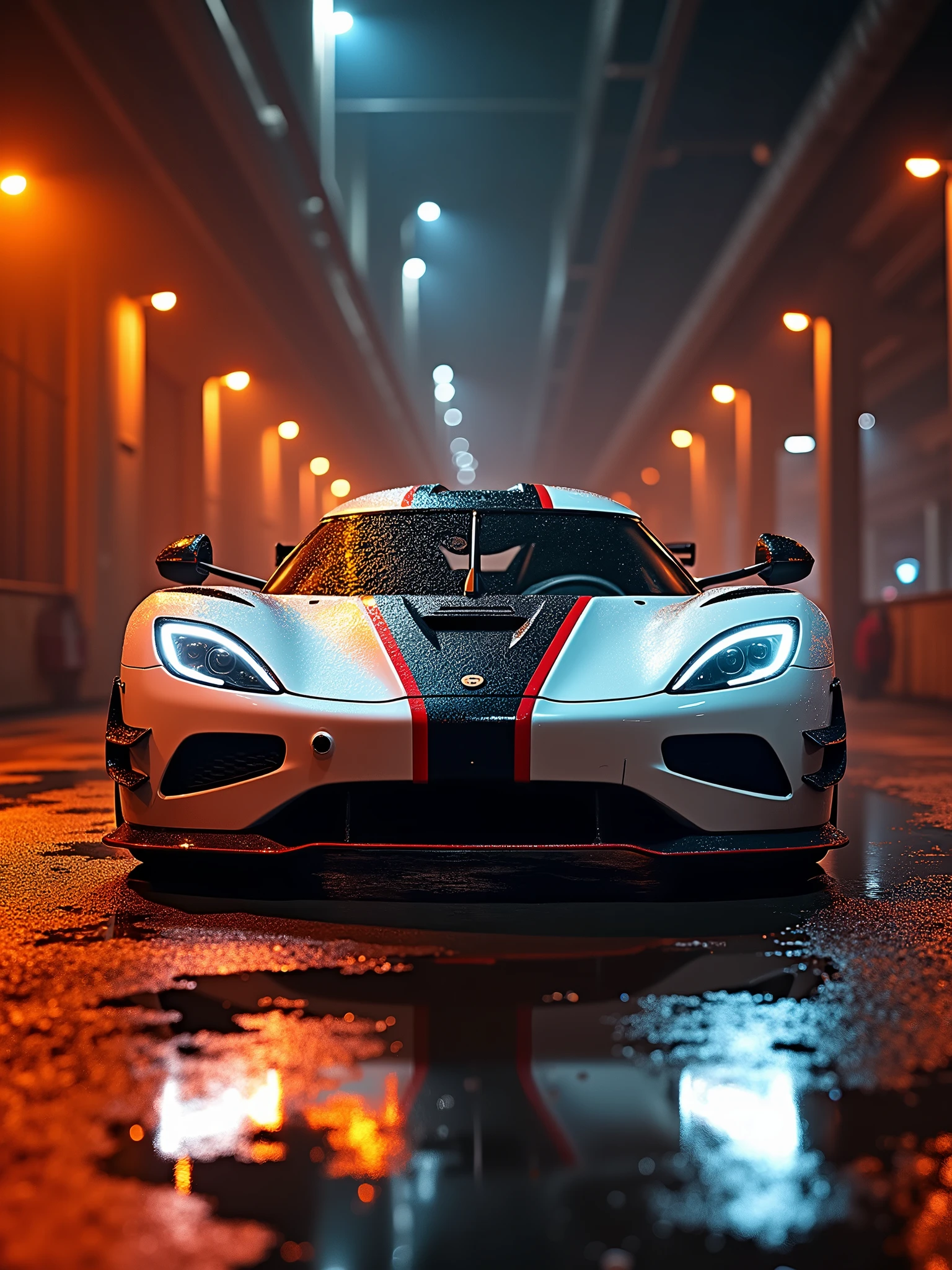 A stunning nighttime photo that captures the essence of high-speed adventure. A sleek, white koenigsegg agera rs sports car is parked at an industrial location, its wet, metallic surface reflecting the golden glow of the surrounding environment. The wet pavement illuminates the car's striking red color, creating a dreamy atmosphere. The orange-tinted lights of the industrial area cast a warm, ethereal glow over the scene, as if the car's high-octane energy has been immortalized in a single, thrilling moment. The cinematic quality of the photo evokes a sense of speed, power, and grandeur., cinematic, photo