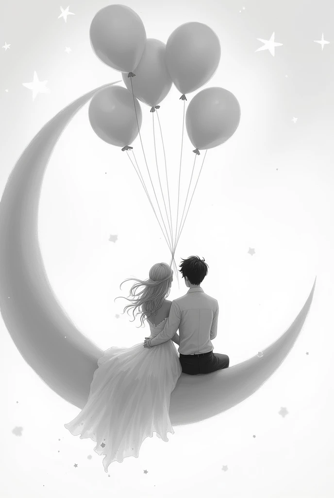 drawing of a couple in love with their backs turned , sitting on a crescent moon charged by helium balloons, with a background in which white dominates , and the tones of the couple are in a gray scale, The bride&#39;s hair is a light shade and the groom&#39;s is dark and has short hair. 