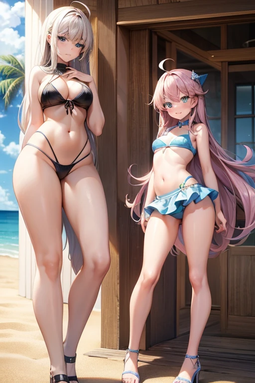 ((best quality)), ((masterpiece)), (detailed), 4 people, 4 girls gathered on the beach, photo pose, a girl, full body, 20 years old, young adult, happy face, smile, young adult, tall, blue eyes, long blonde hair, hair ornaments, star hair ornaments, bangs, big breasts, sexy purple bikini, bikini with stars, seductive legs, a girl, full body, 20 years old, young adult, surprised face, young adult, tall, green eyes, short pink hair, bangs, medium breasts, sexy blue bikini, seductive legs, sexy legs, a girl, full body, 19 years old, angry face, young adult, somewhat short stature, purple eyes, brown hair, slightly wavy hair, long hair, bangs, blush, very small breasts, sexy white bikini with skirt, seductive legs, a girl, full body, , young adult, embarrassed face, tall, gray eyes, long hair white, spiky hair, ahoge, bangs covering her right eye, very small breasts, flat chest, sexy black bikini, seductive legs, beach background, looking at me, anime