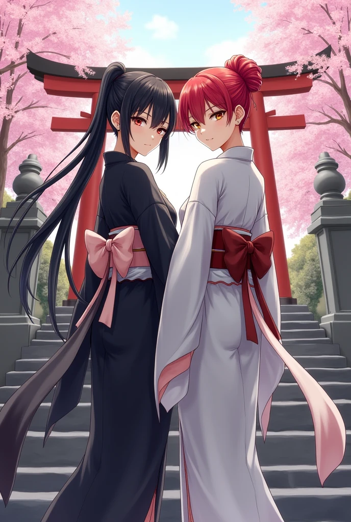 ((masterpiece,best quality)),2girls, black kimono, black legwear, black ribbon, black hair, cherry blossoms, day, flower, hair bun, hair ribbon, japanese clothes, kimono, long hair, looking at viewer, looking back , multiple girls, belts, outdoors, red eyes, red hair, ribbon, sandals, single bun, stairs, standing, statue, torii, tree, white kimono, yellow eyes