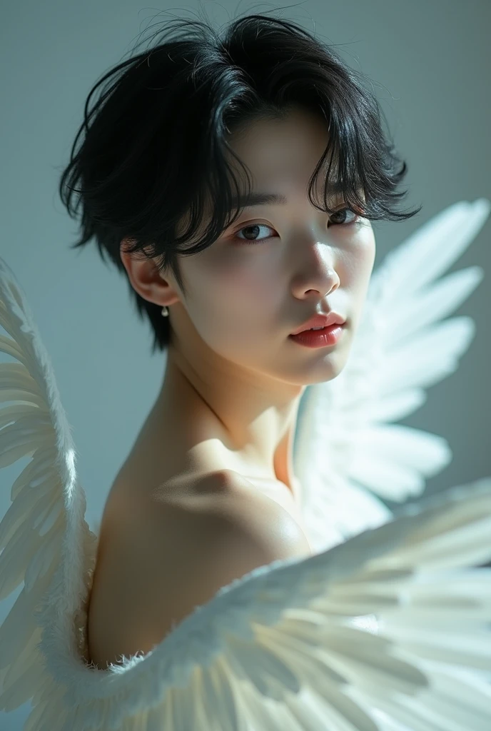 Men like Korean idols、Mysterious face、Beautiful angel wings、looking at the camera、Upper body image、Beautiful Face、Age is 28
