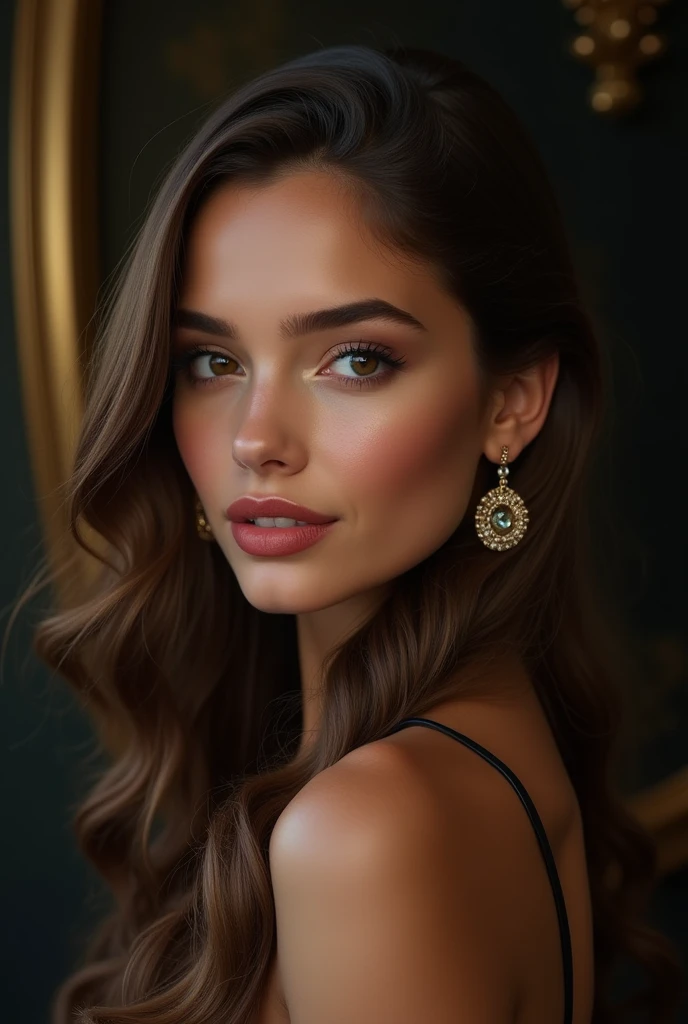 Generates brown-haired woman with almond-shaped eyes, cafe cilor medios cafe ,dark pink lips cinnamon brown skin ,with black and gold background on the back