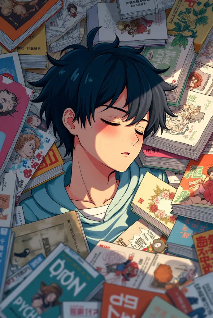 Teenager man sleeping buried in anime style books