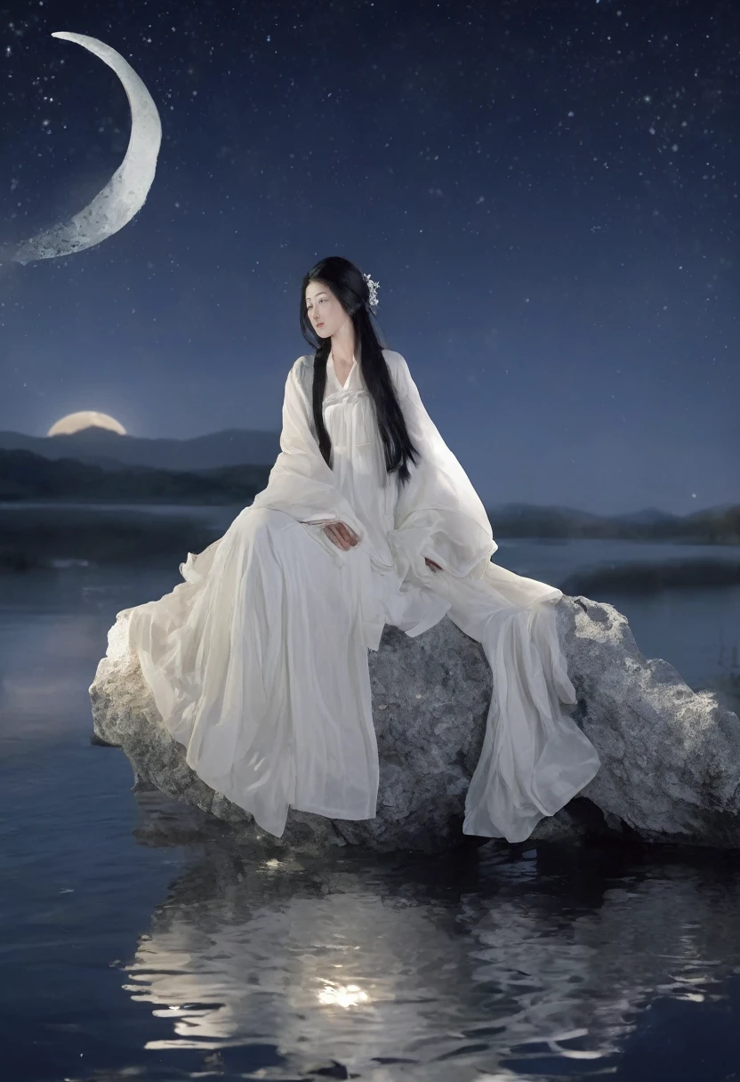  photorealistic, dynamic perspective, intricate details, wide angle,cinematic lighting, full body, Fantasy style, sitting on a new moon, (curved moon floating on the water: 1.4), (young boy sitting on the moon, glowing: 1.4), moonlight shining on the water, stunning scenery, (white petals floating on the water: 1.3),lake at night, a young boy, (extremely long black hair fluttering in the wind, white Hanfu, flowing sleeves), elegant,  mixed style,