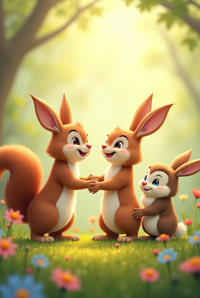 Friends squirrel , rabbit and owl saying goodbye to the meadow with smiles and hugs. u v