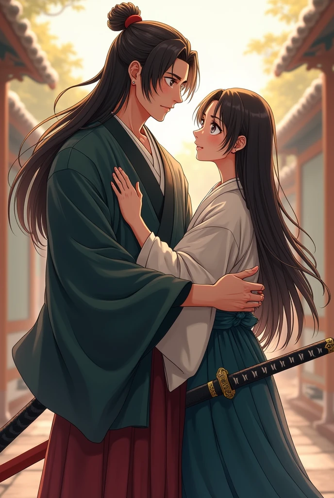 two men, father and son, 53 and 25, respectively. both have long dark brown hair and grey eyes. the son is taller and they use samurai clothes. anime style