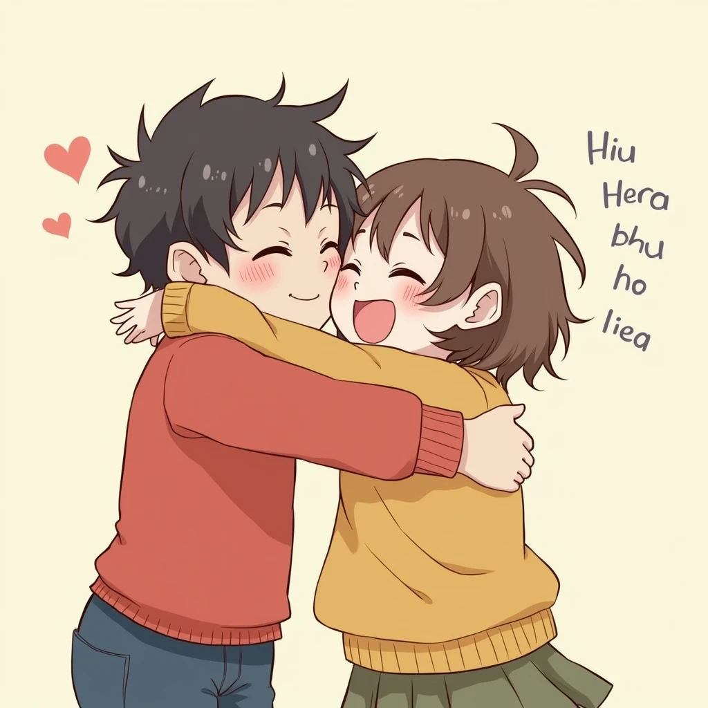1boy and 1girl, hug, laugh, 