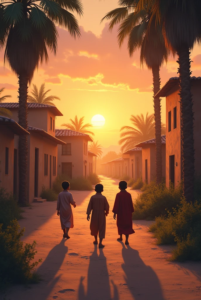 The atmosphere of dusk in the afternoon approaching evening in the village with the background of small children going to study the Koran