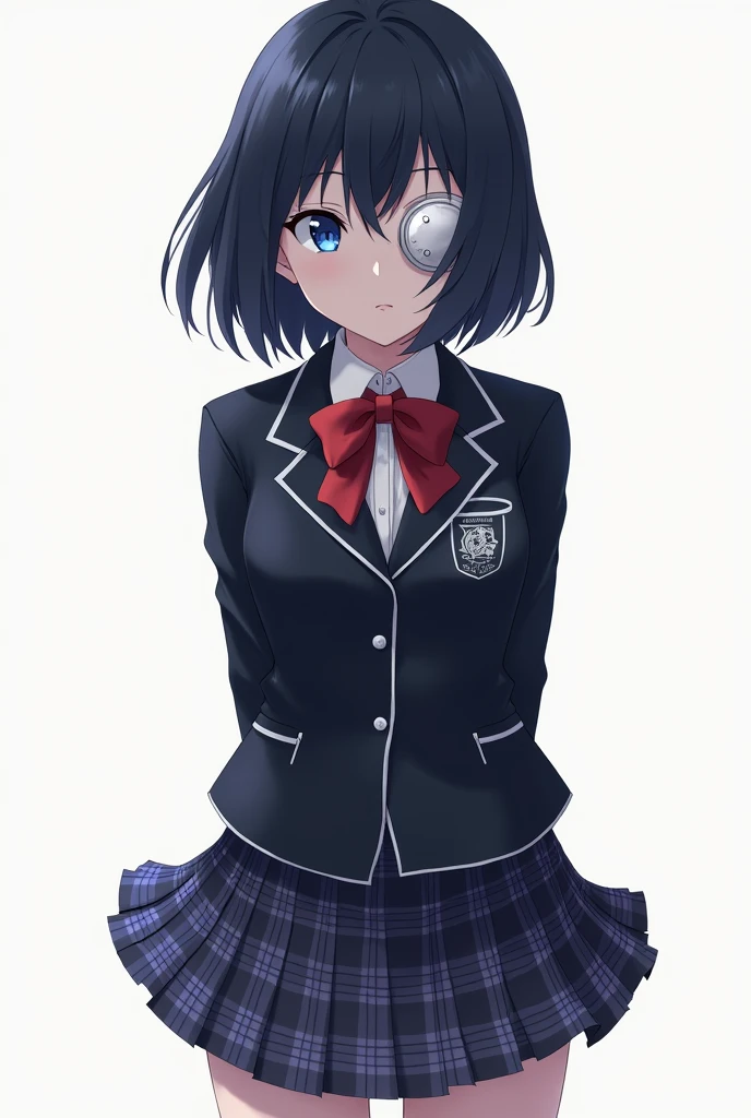 (masterpiece, best quality:1.2), cowboy shot, solo, 1girl, takanashi rikka, expressionless, looking at viewer, arms behind back, one side up, ahoge, blue eyes, medical eyepatch, school uniform, jacket, plaid skirt