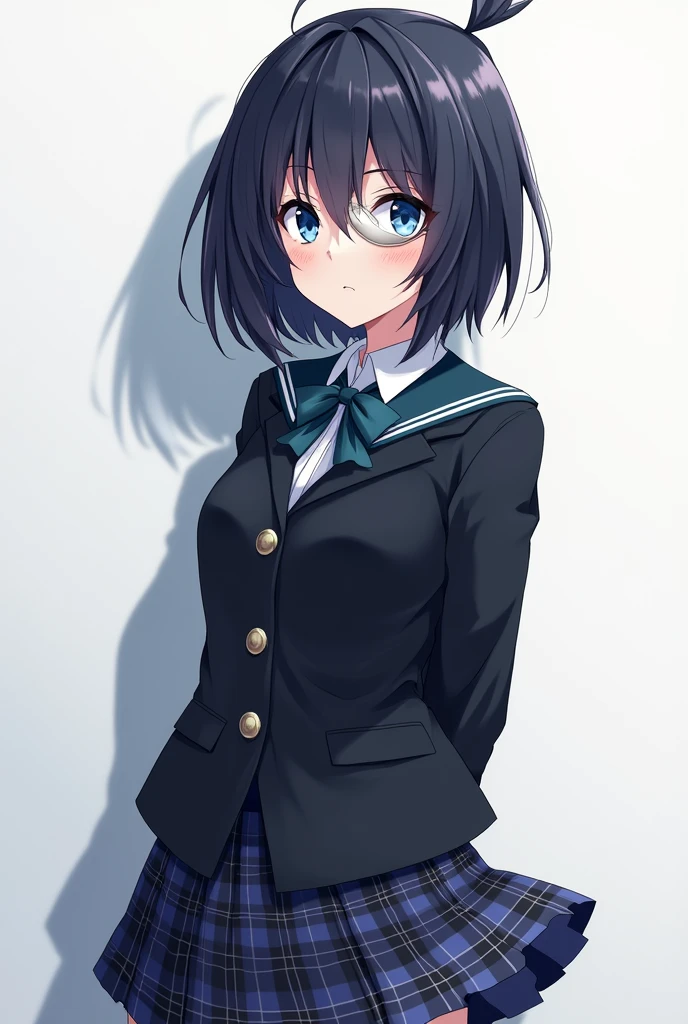 (masterpiece, best quality:1.2), cowboy shot, solo, 1girl, takanashi rikka, expressionless, looking at viewer, arms behind back, one side up, ahoge, blue eyes, medical eyepatch, school uniform, jacket, plaid skirt