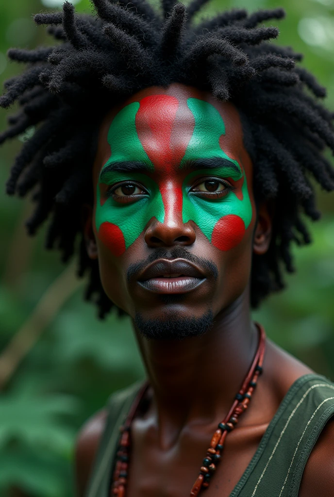 Indian with face painted green and red, big hair, dark-skinned 
