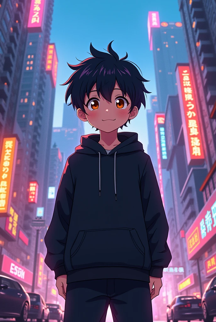 Young anime boy with slightly curly black hair, eyes the color of honey, Black sweatshirt and pants smiling with cyberpunk landscape
