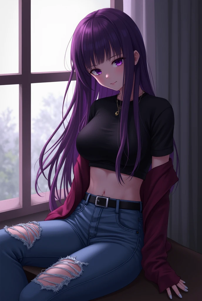 Female character who has long purple hair and has purple eyes has a black crop top and a wine red vest and blue ripped jeans with a black belt and is crying near the window sitting looking down and smiling