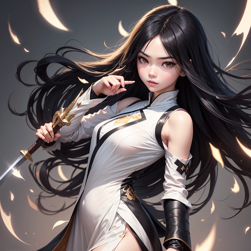 Generate a collage of 9 images that is a girl who has superpowers and they are written on each image, that has the following characteristics: that she is Asian, have long black hair, that she be white, that she practice swordsmanship and that she have long clothes