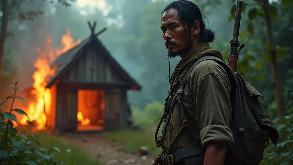 An Indonesian hunter stares at a burning wooden house with monsters in the forest during the day. 8k  