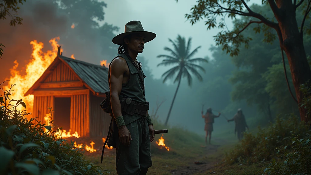 An Indonesian hunter stares at a burning wooden house with monsters in the forest during the day. 8k  