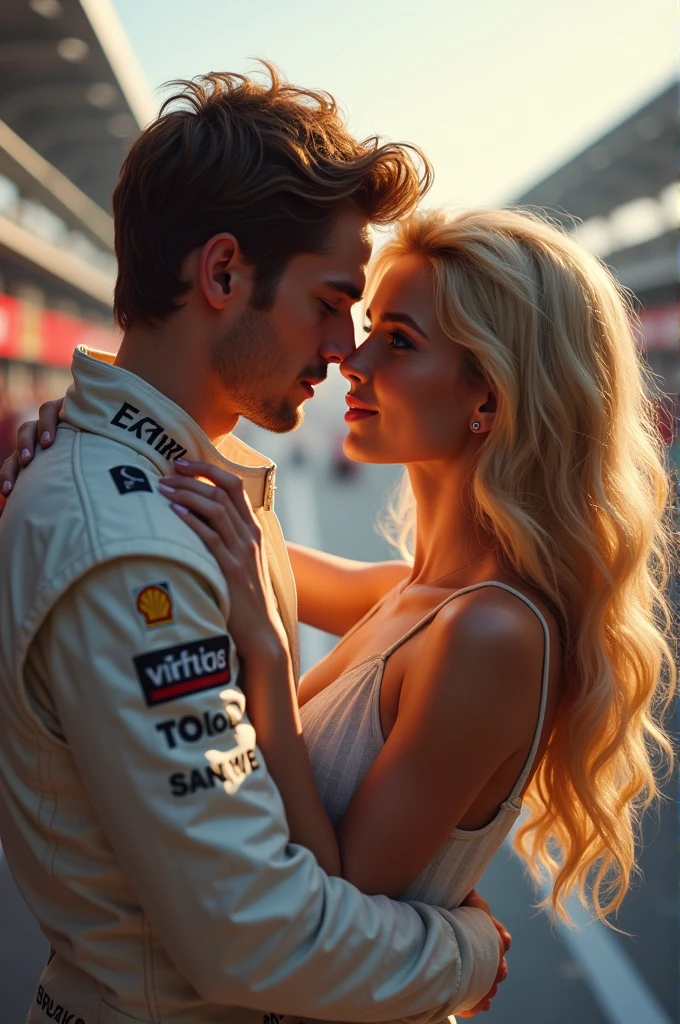 Charles Leclerc with a blonde girl with blue eyes, lower than the, linda, hugging him, in a Formula 1 Grand Prix