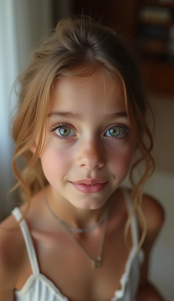 cute girl, cum on face, slim figure, revealing outfit, cute clothes, skimpy clothes, photo taken from above, detailed face, pretty eyes, long eyelashes, cute expression, cozy living room, photorealistic, 4k, high quality,nude