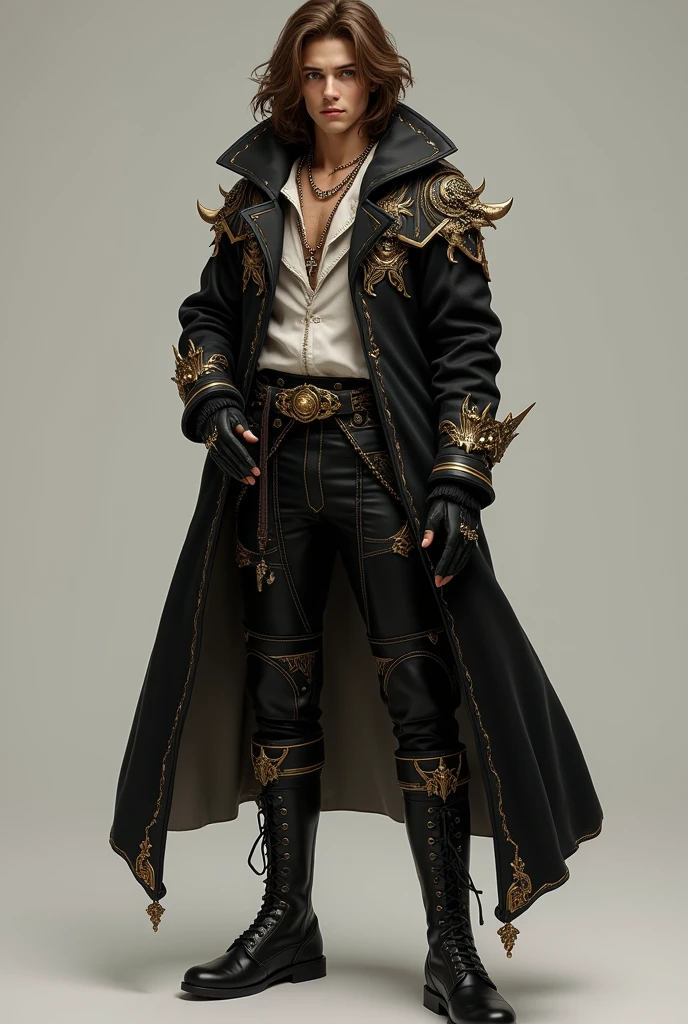 photo by full body, best qualityer, male teenager with long brown hair, details Intricate, 真实感, black and gold musketeer clothes, in a hoodie, whole body, full body, men's boots in black