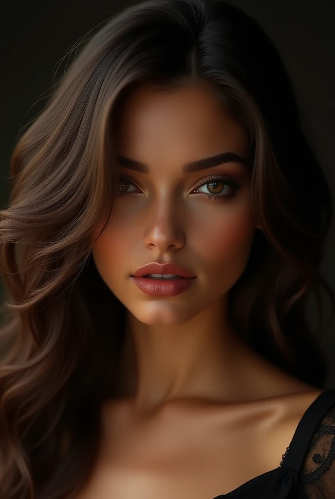 Generates woman with dark brown hair and almond-shaped eyes, cafe cilor medios cafe ,dark pink lips cinnamon brown skin ,with black and gold background on the back