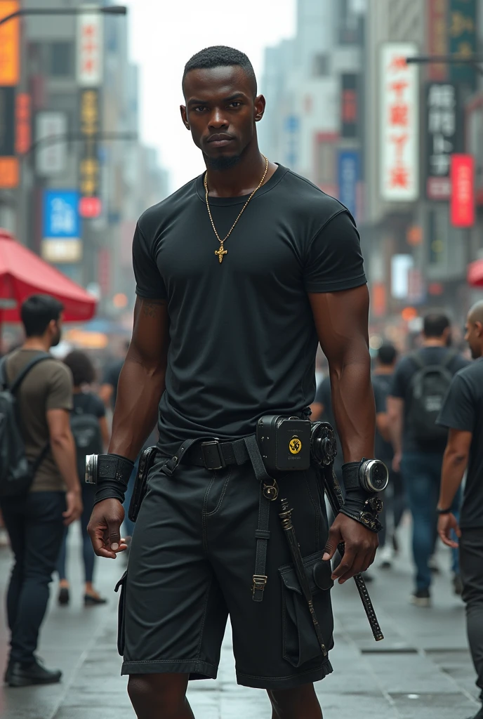 hi is a black guy who is a ninja. He is wearing shorts and t-shirt, hiding a Katana, a small knife and a tech ring in his right hand. He is in a city called New Tokyo on the cyber punk universe. Its afternoon he has a crowd behind him he is stand up. he is tall, his gear is more technological as a ninja he is discreet