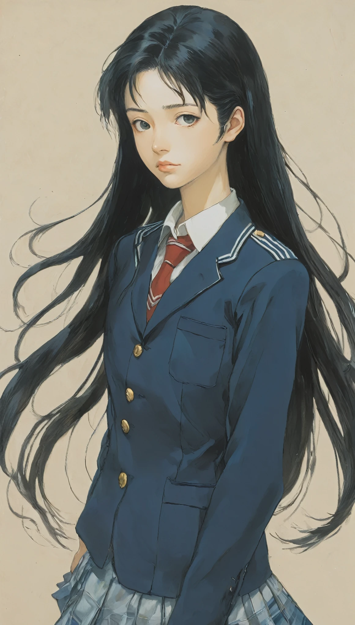 Naoki Urasawa、Beautiful girl、Highest quality、masterpiece、Ultra high definition、Japanese、uniform、high school girl、Long Hair、Black Hair、Japanese painting、8k