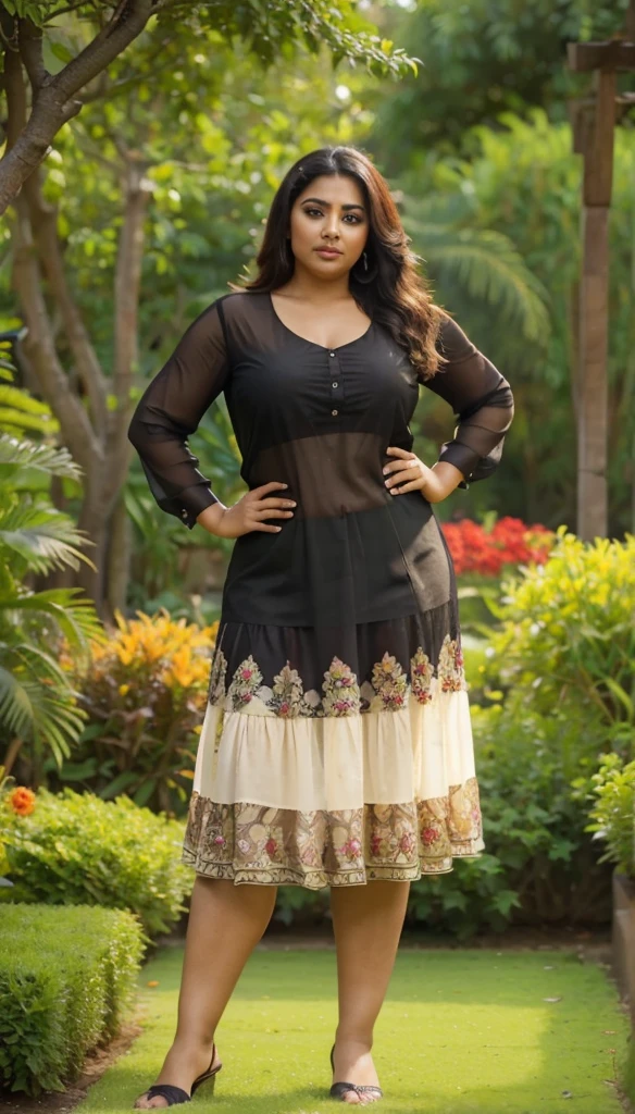 Day scene, A radiant, full-figured South Indian 35 year old aunty a cream colour chiffon mini skirt and black chiffon shirt, standing, in a garden captured in a full-body image with vibrant hues and meticulous details. Full body image