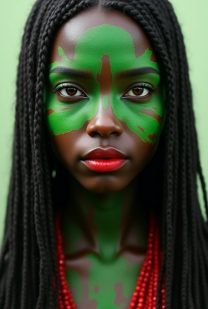 Indian with face painted green and red, big straight hair