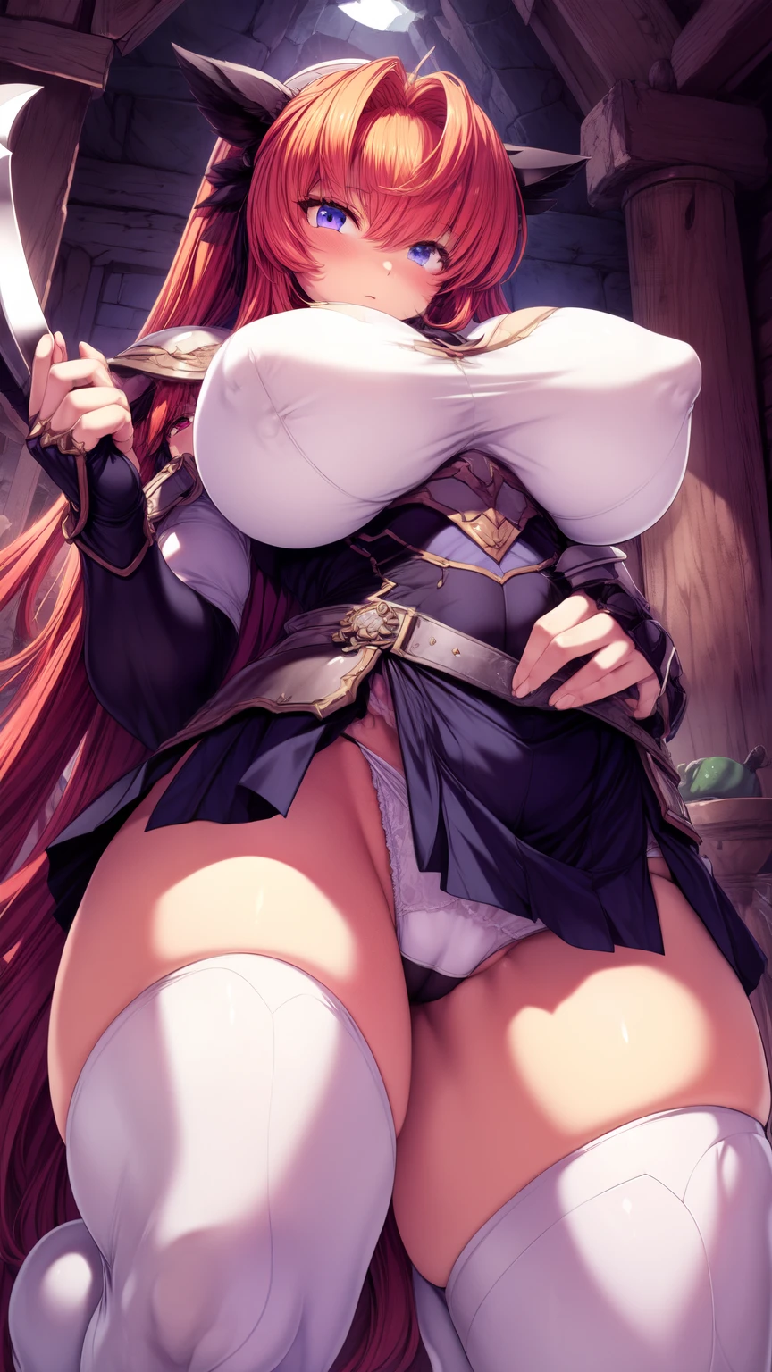 masterpiece, Highest quality,1girl,solo、large breasts,official、female knight、(((White Disciplinary Committee Chairperson、Noein)))、Ahoge、Red Hair、Very long hair、Wearing white military uniform、An adult woman holding a thin long sword、Epaulettes、Purple Skirt、Blue Eye、RAW Color,Clear images、dark color、tall、((Black Stockings:1.1))、(armor_highheel),whole body、Purple leg armor、Narrow eyes、Fighting monsters、(Dark Dungeon、Dark Prison) 、(M-shaped legs、squat、Cameltoe、White lucky panties:1.1、Nipple shape from under clothes:1.1)