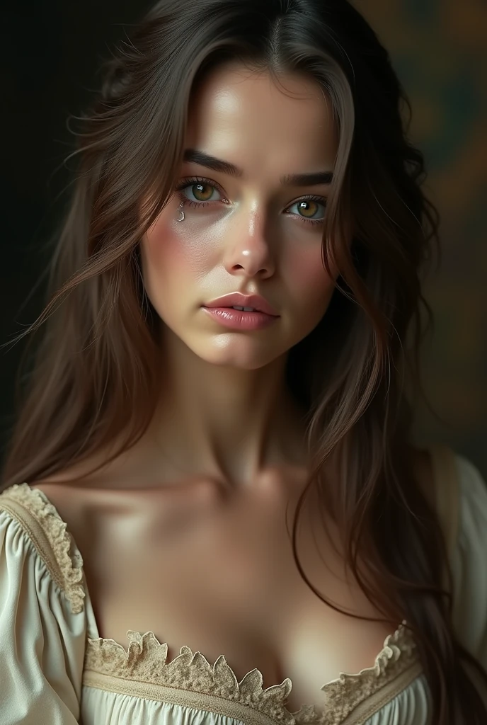 (photorealism:1.2), a beautiful woman, long brown hair, light brown eyes. slightly tanned complexion, with a medieval dress, with tears running down her cheeks