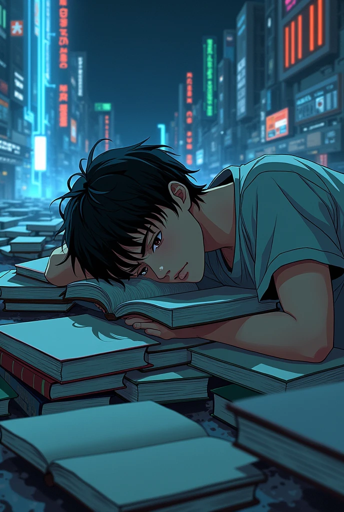 Teenager man sleeping buried in books cyberpunk anime style